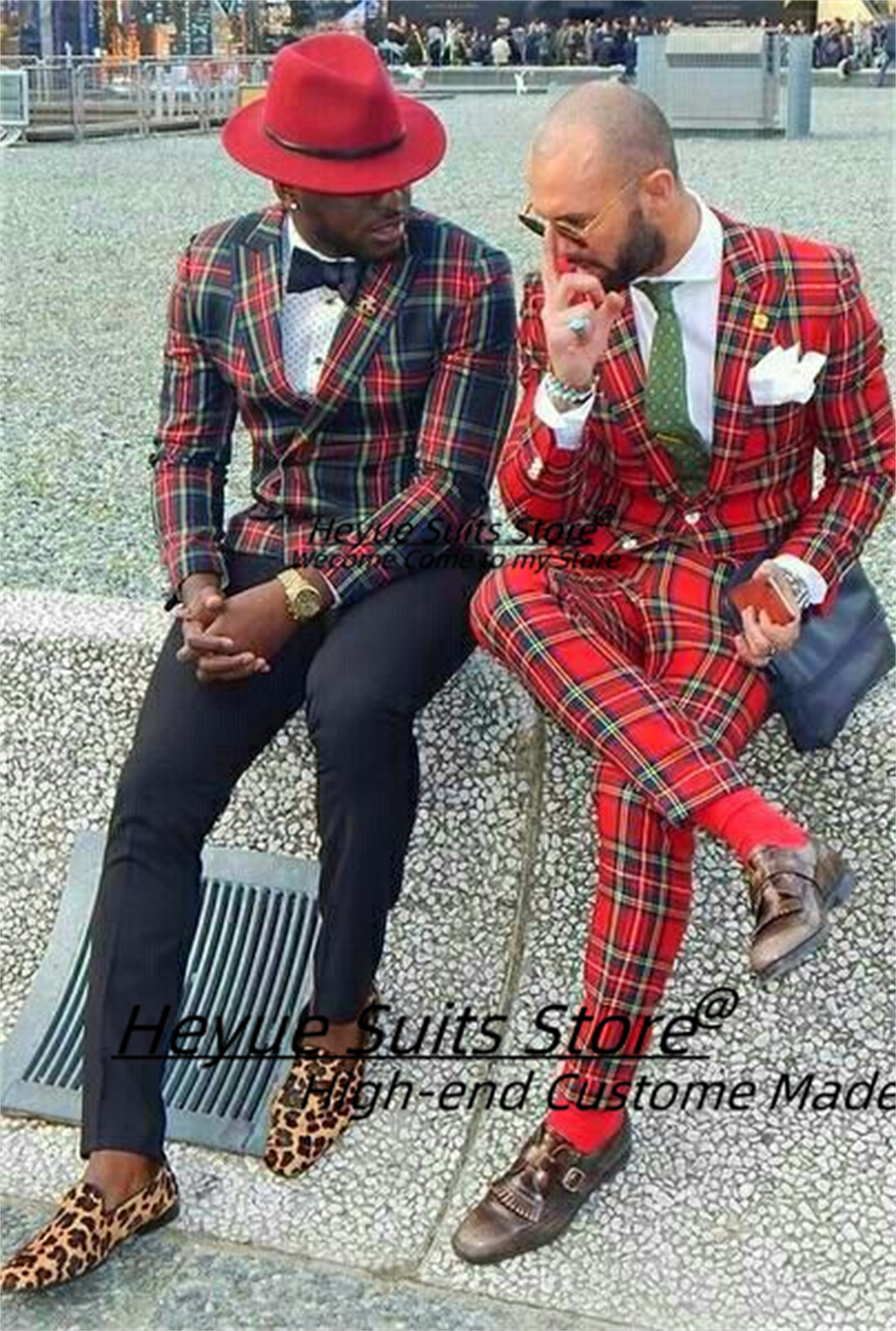 Mens Fashion Trajes - Fashion Red Plaid Men Suits Customized