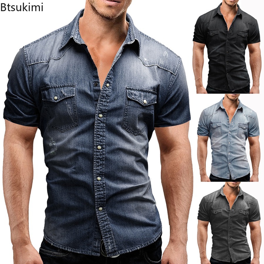 New 2026 Men's Elastic Slim De – Jeans Shirt Fashion For Men recenzja i cena