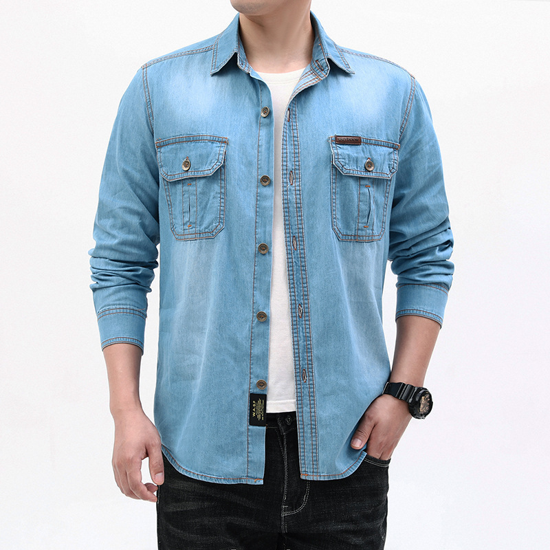 New Fashion Men Light Blue Lon – Jeans Shirt Fashion For Men recenzja i cena