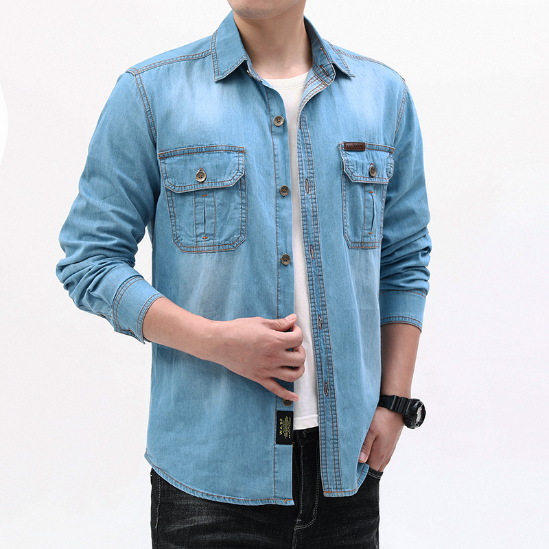 New Fashion Men Light Blue Lon – Jeans Shirt Fashion For Men recenzja i cena